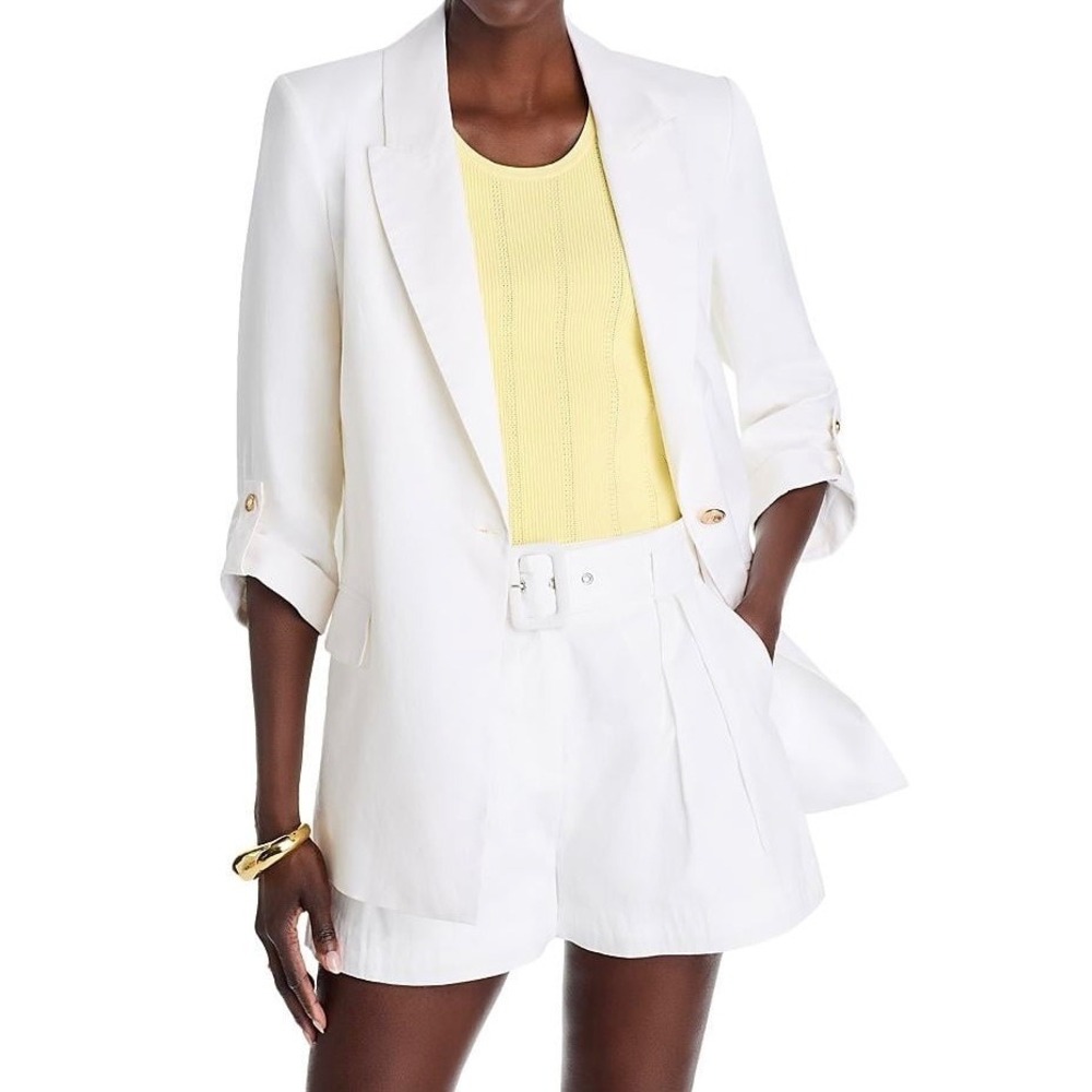 AQUA Women's White Cotton Blend Blazer‎ Jacket 3/4 Sleeve Gold Button